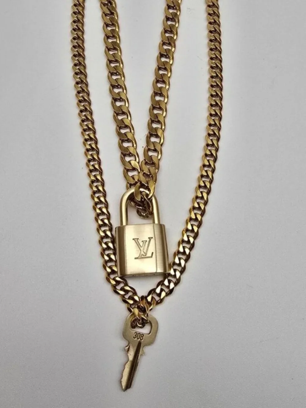 Authentic Louis Vuityon Gold Padlock Pendant with Stainless Steel 2 Cuban Style